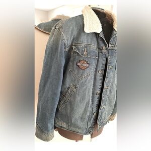 Vintage XL fleece lined denim jacket with custom Route 66 and Harley patches